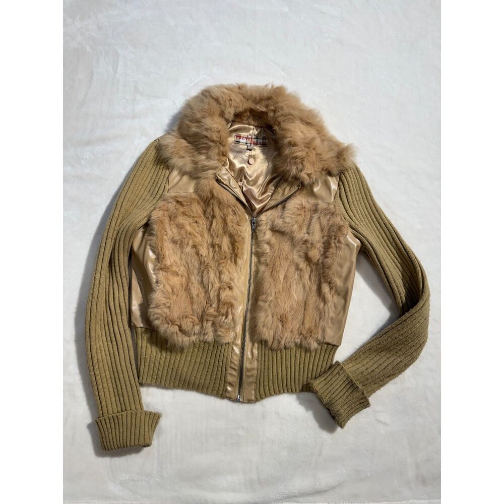 Y2K Twenty Twenty Rabbit Fur & Faux Leather Hooded Zip Jacket L